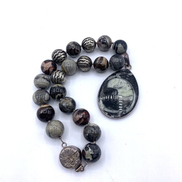 Charles Albert Vintage Orthoceras Fossil Pendant Black & Gray 925 Silver Beaded - Picture 3 of 8